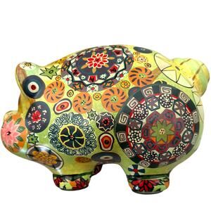 Vintage 1960s Mexican Piggy Bank Handpainted Boho Decor Ceramic Large Pig